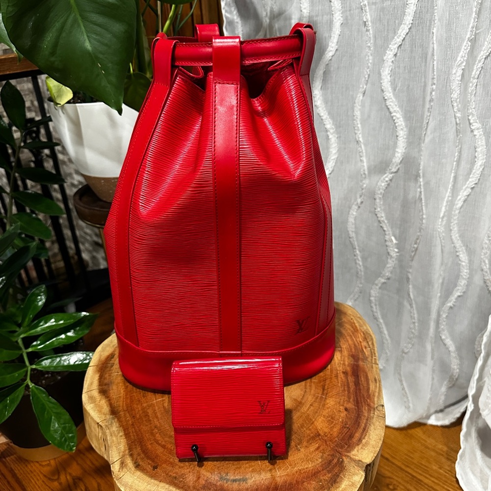 Louis Vuitton Red Epi Leather Randonnée PM Backpack + Wallet Set Dust Bag COA